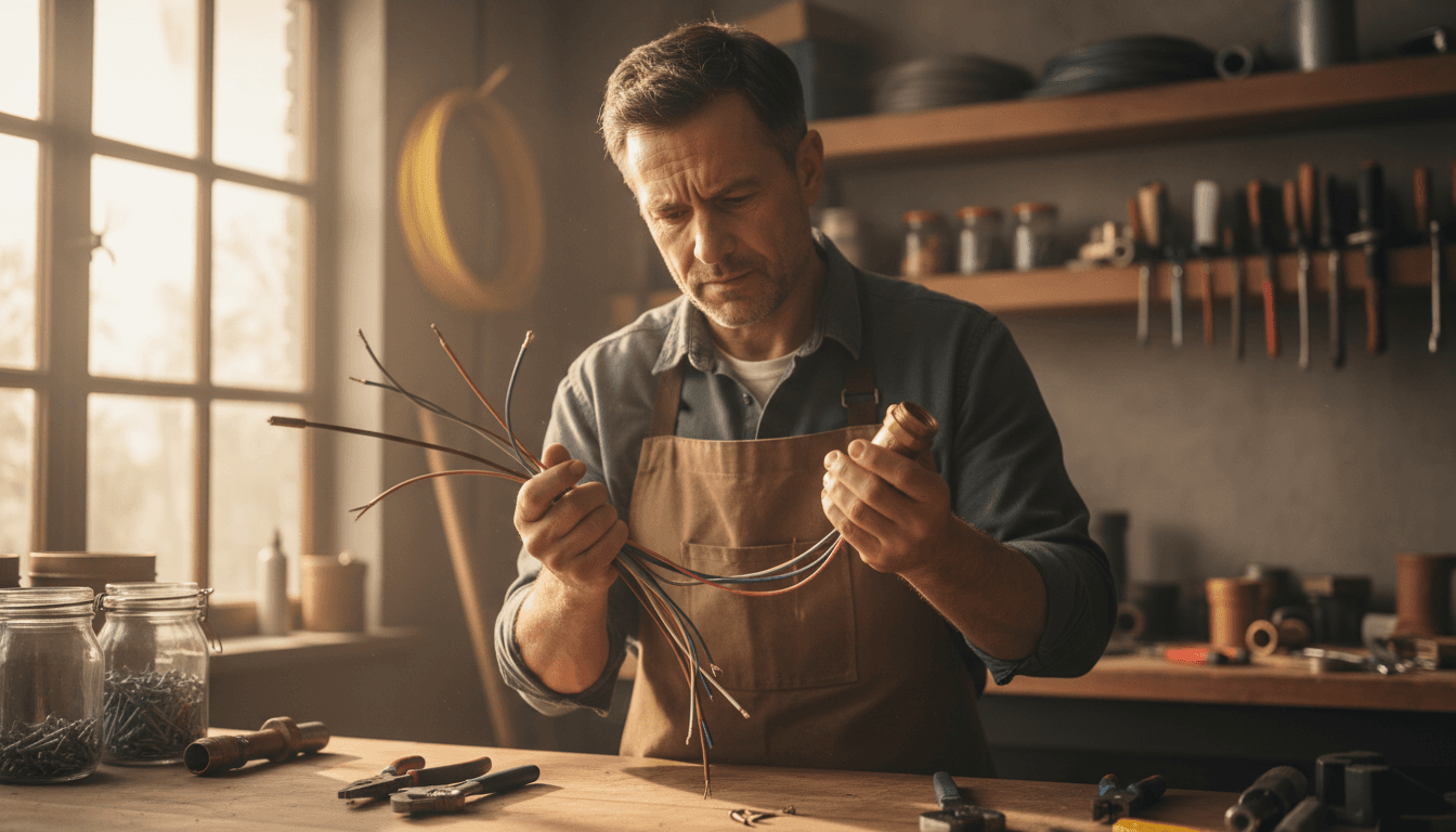 Handyman carefully inspecting electrical components in a well-lit workshop