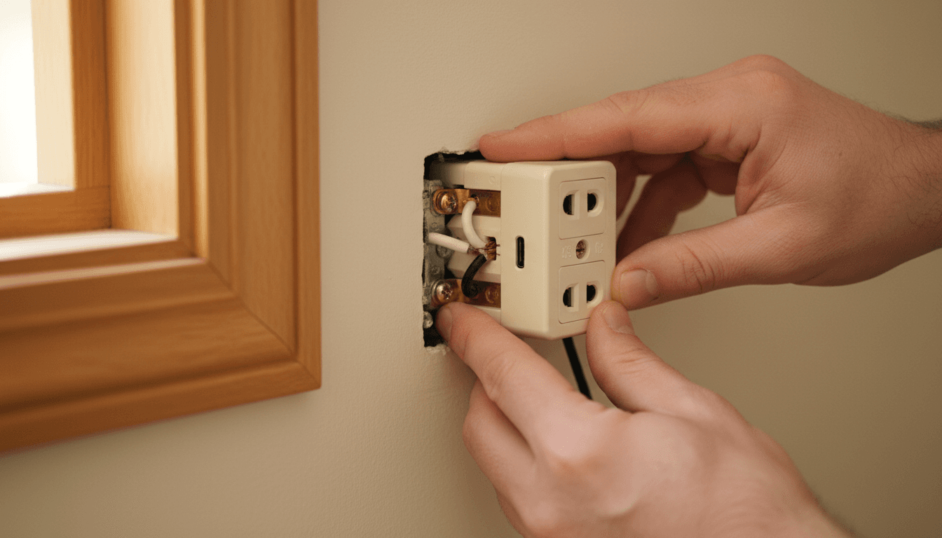 Close-up of skilled hands precisely installing an electrical outlet in a residential home